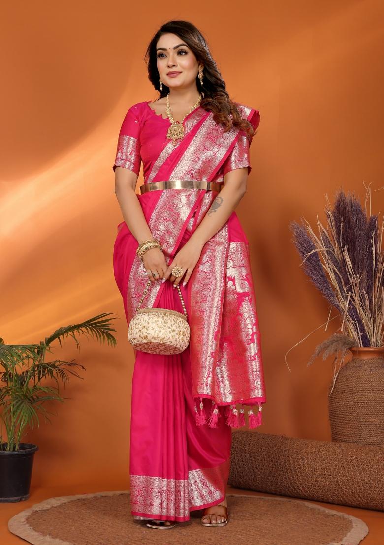 Pink Weaving Work Silk Saree - Indya