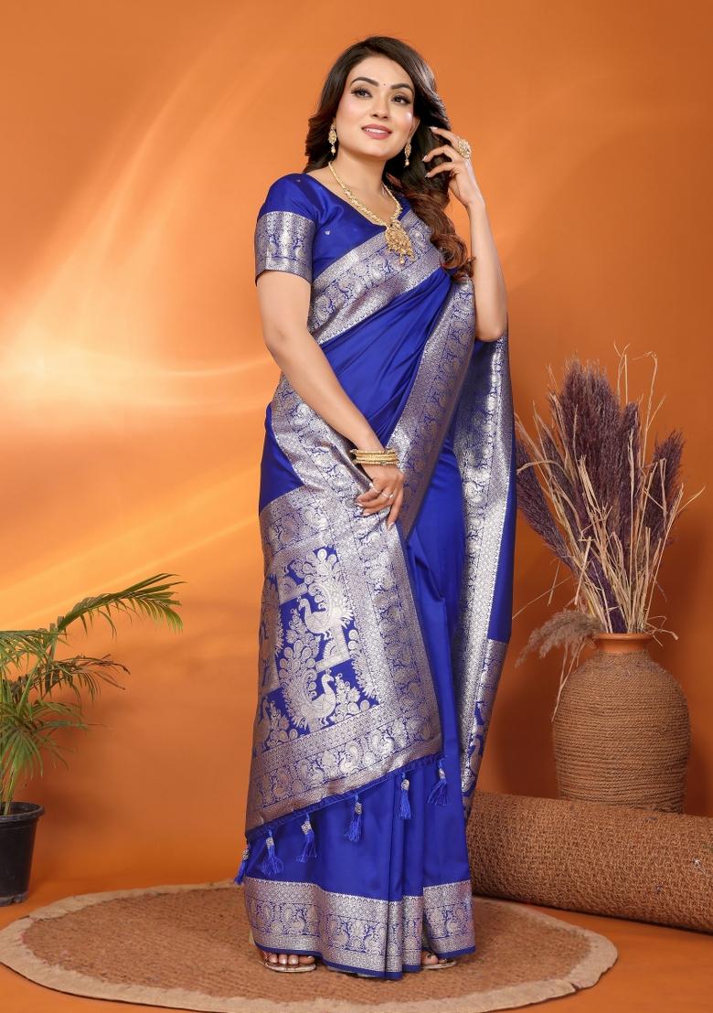 Blue Weaving Work Silk Saree - Indya