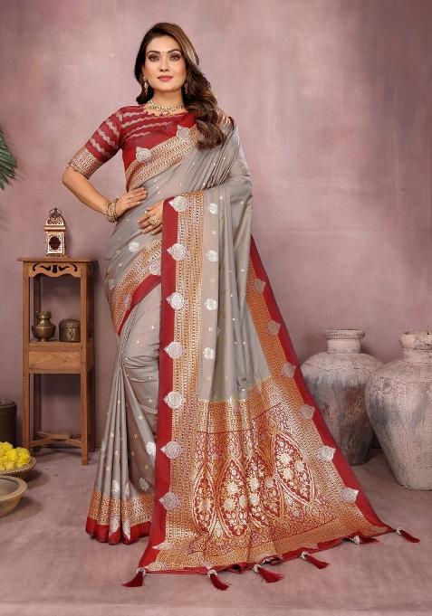 Grey And Maroon Woven Work Silk Saree