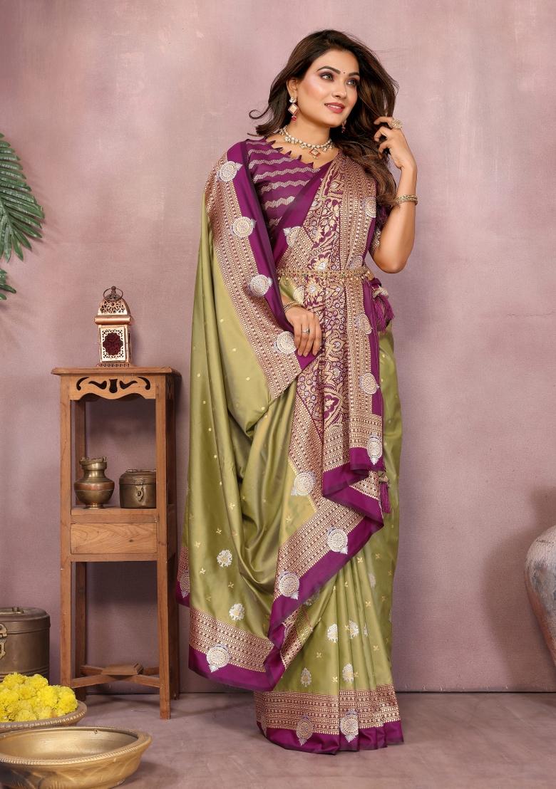 Green And Purple Woven Work Silk Saree - Indya