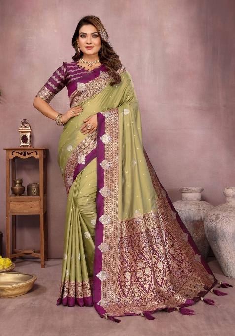 Green And Purple Woven Work Silk Saree