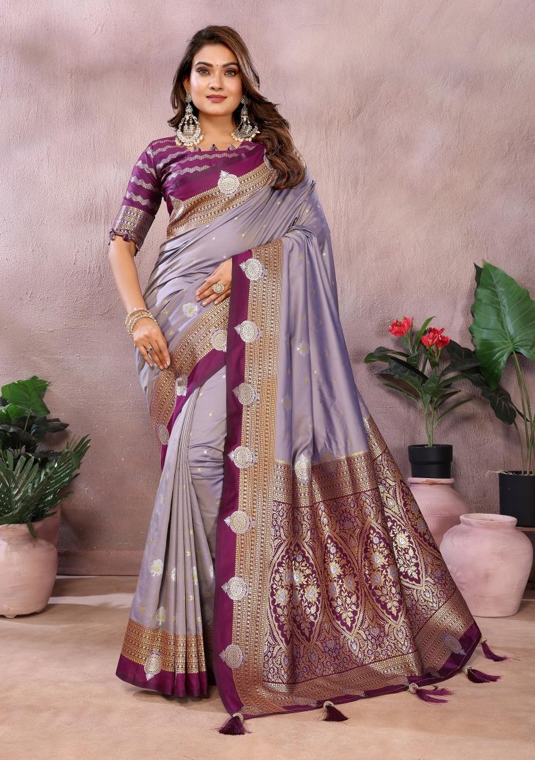 Grey And Purple Woven Work Silk Saree - Indya