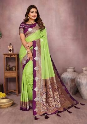 Parrot And Purple Woven Work Silk Saree