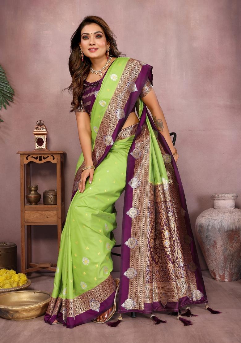 Parrot And Purple Woven Work Silk Saree - Indya
