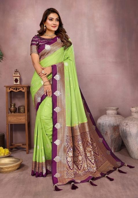 Parrot And Purple Woven Work Silk Saree