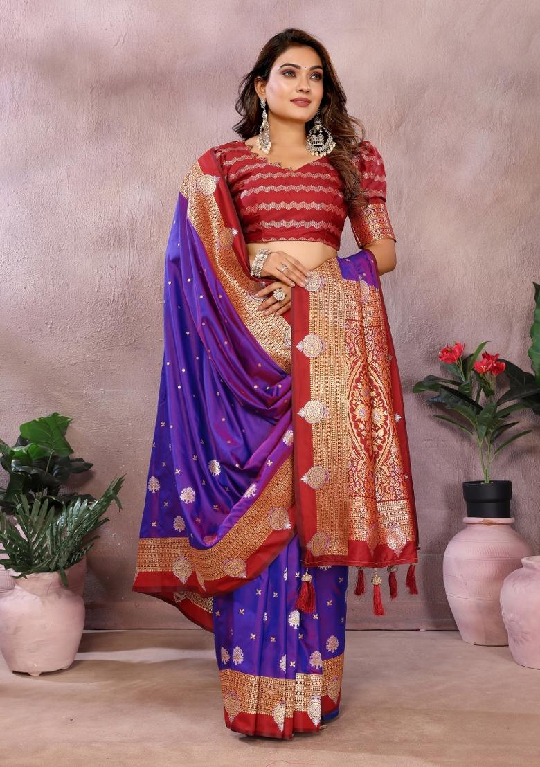 Blue And Red Woven Work Silk Saree - Indya