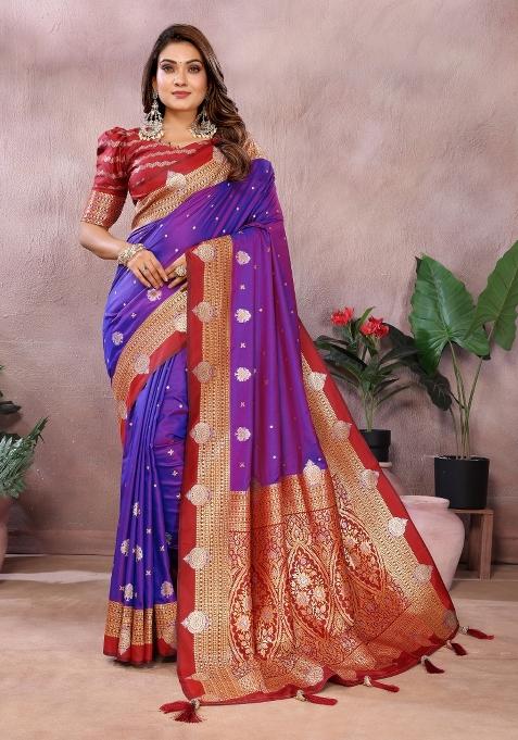 Blue And Red Woven Work Silk Saree