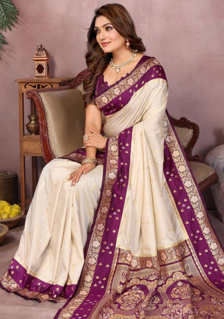 Purple Woven Work Silk Saree - Indya