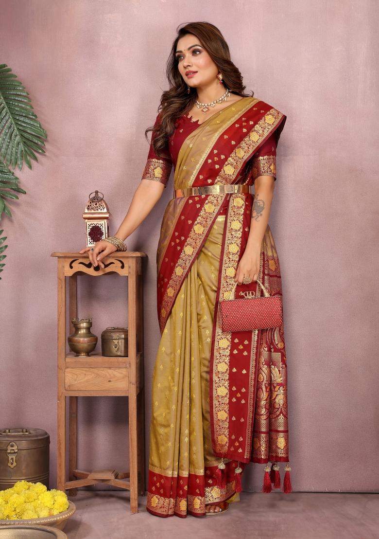 Red And Mustard Woven Work Silk Saree - Indya