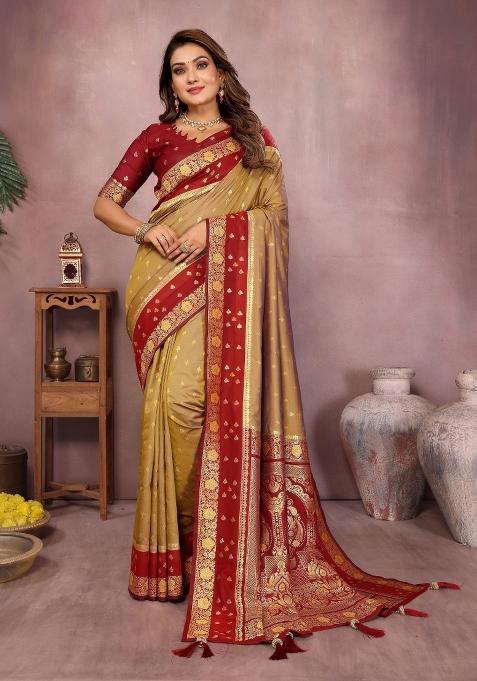 Red And Mustard Woven Work Silk Saree