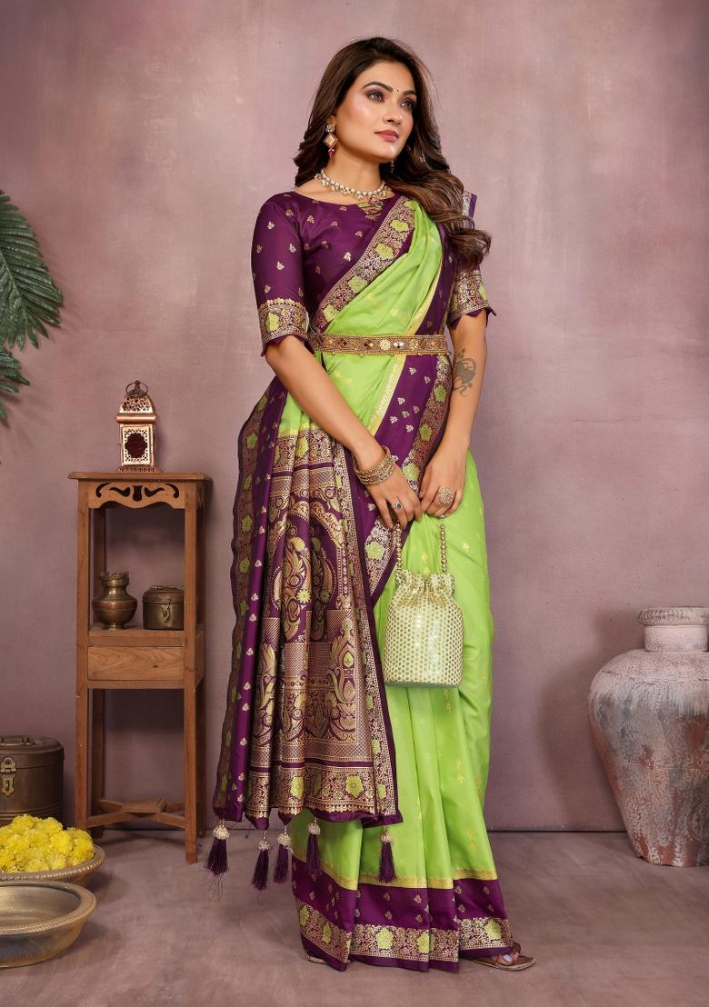 Parrot And Purple Woven Work Silk Saree - Indya