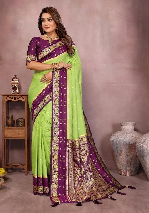 Parrot And Purple Woven Work Silk Saree