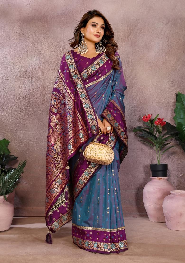 Blue And Purple Woven Work Silk Saree - Indya