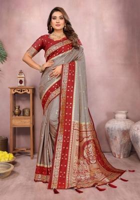 Red And Grey Woven Work Silk Saree
