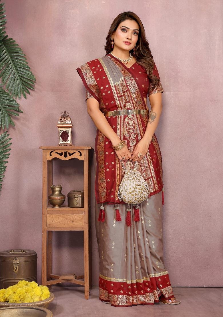 Red And Grey Woven Work Silk Saree - Indya