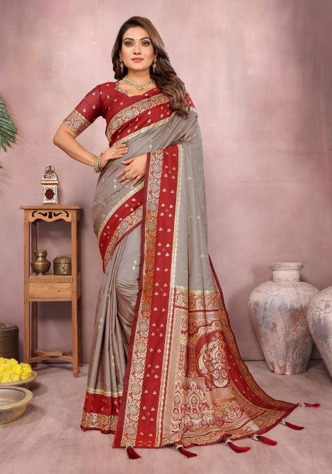 Red And Grey Woven Work Silk Saree
