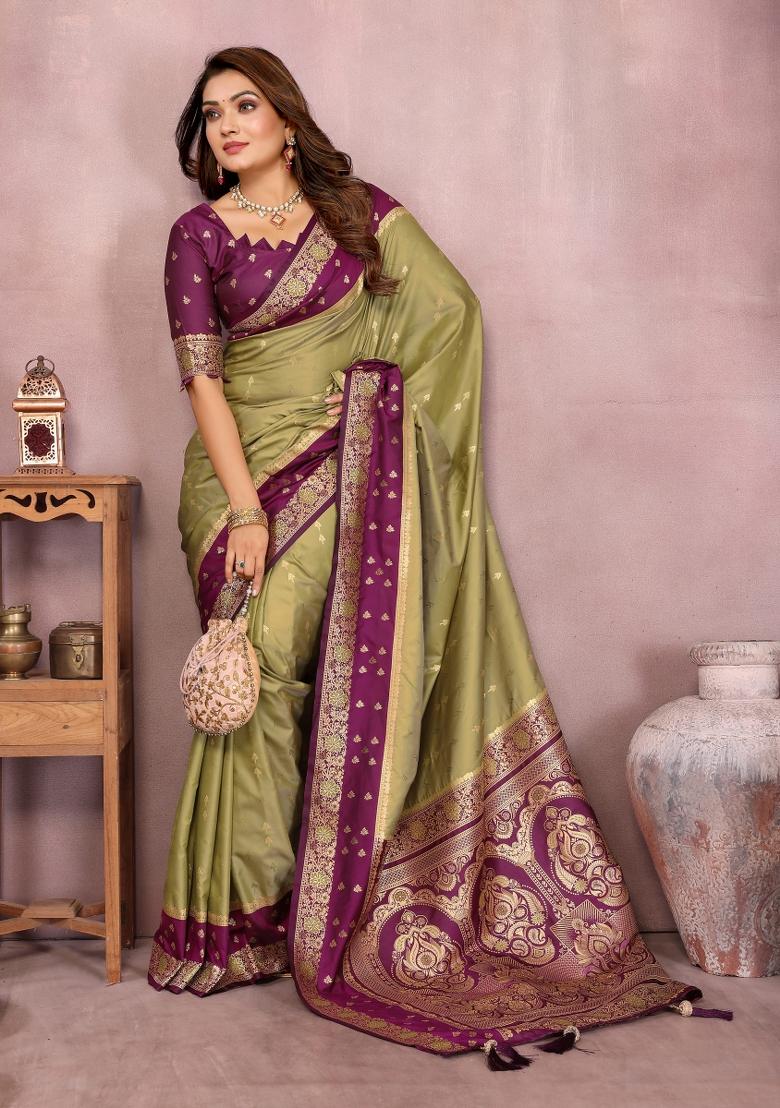 Green And Purple Woven Work Silk Saree - Indya