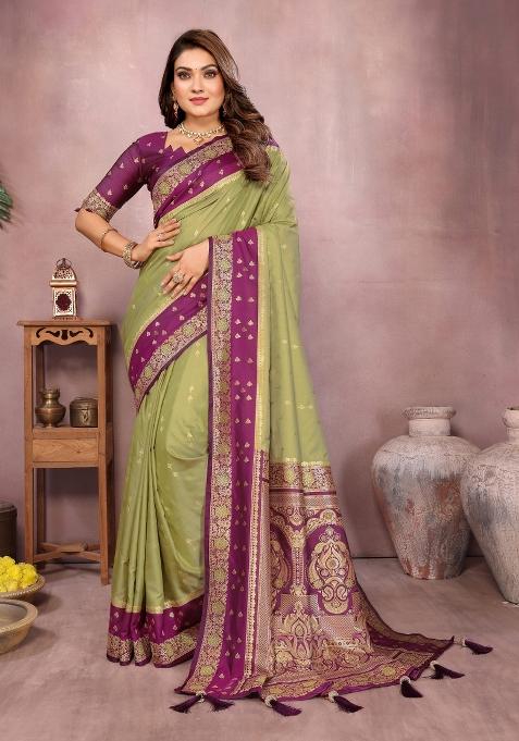 Green And Purple Woven Work Silk Saree