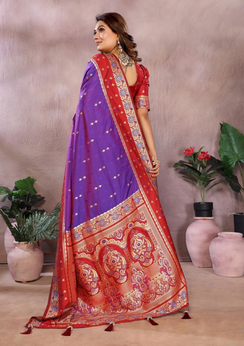 Red And Blue Woven Work Silk Saree - Indya