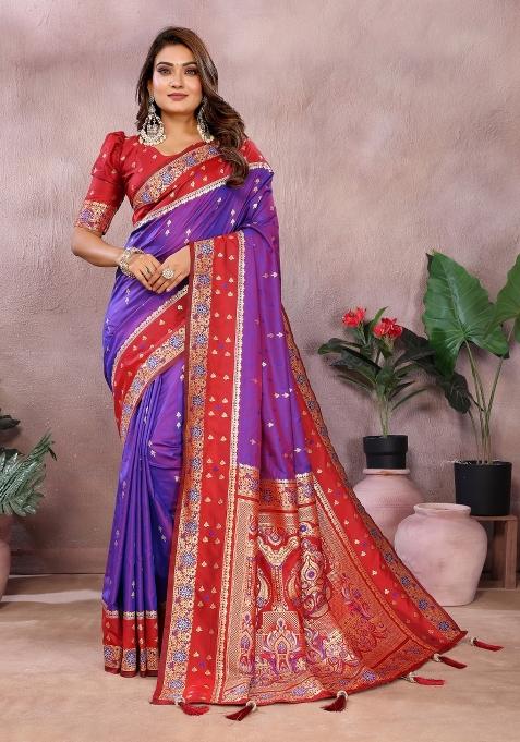 Red And Blue Woven Work Silk Saree