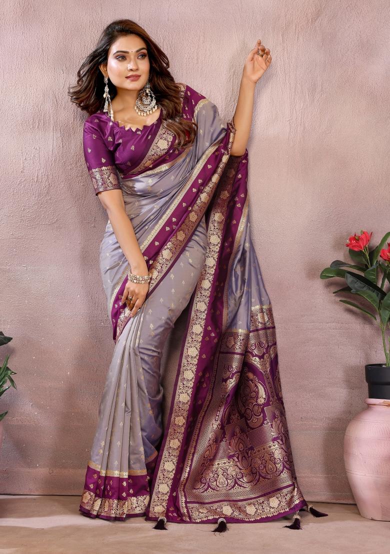 Purple And Red Woven Work Silk Saree - Indya
