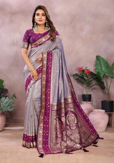 Purple And Red Woven Work Silk Saree