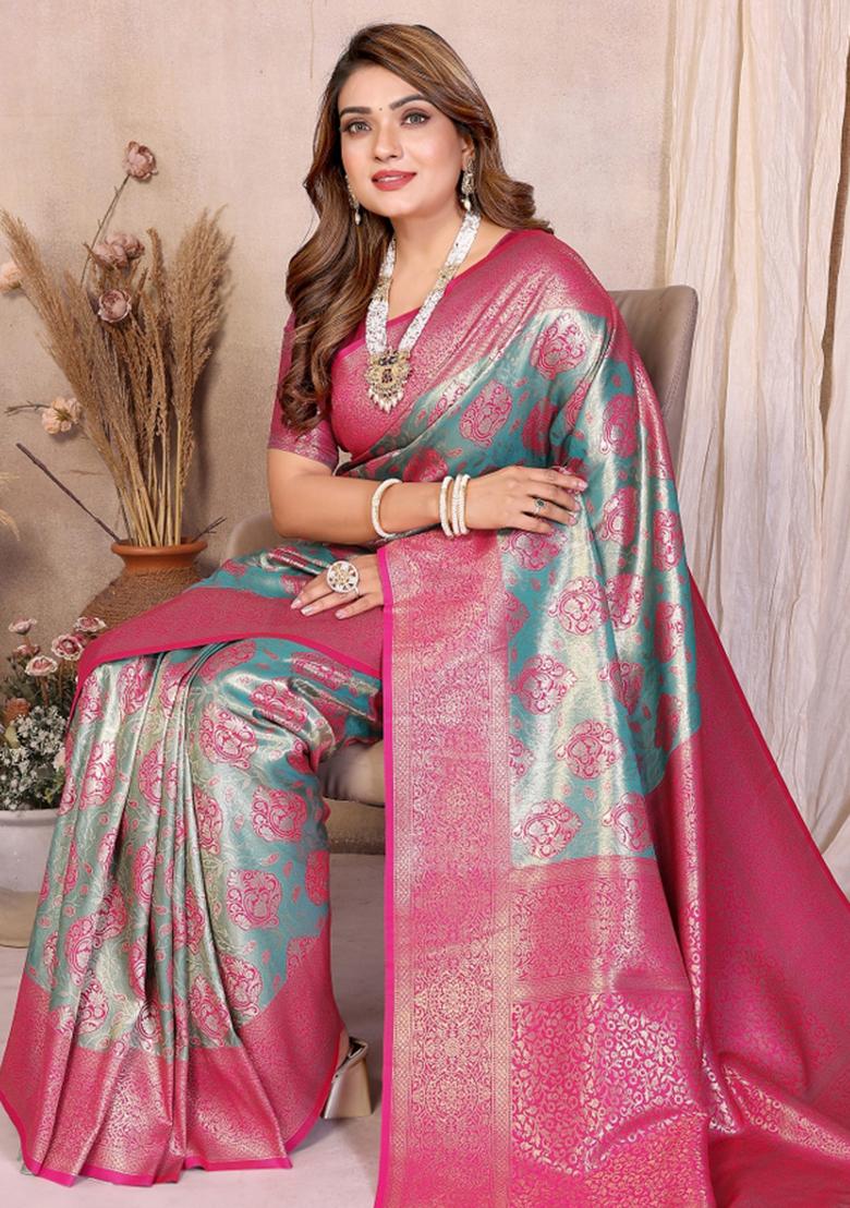 Pink And Rama Woven Work Silk Saree - Indya