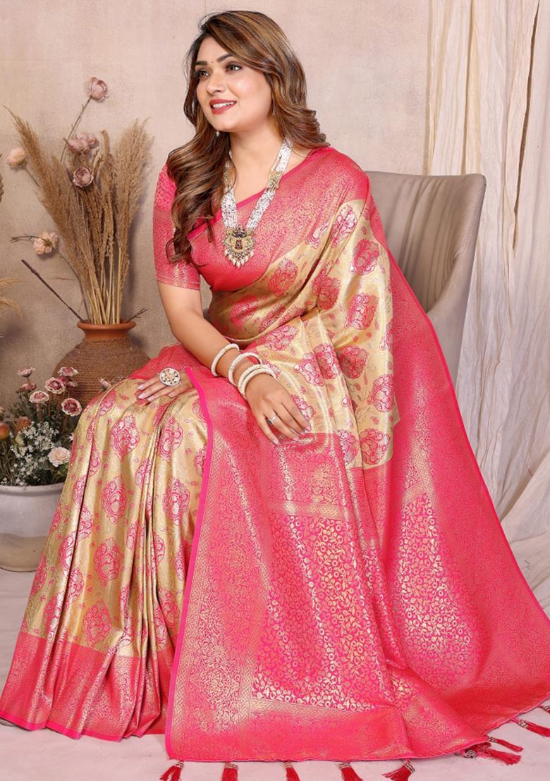 Pink And Yellow Woven Work Silk Saree - Indya