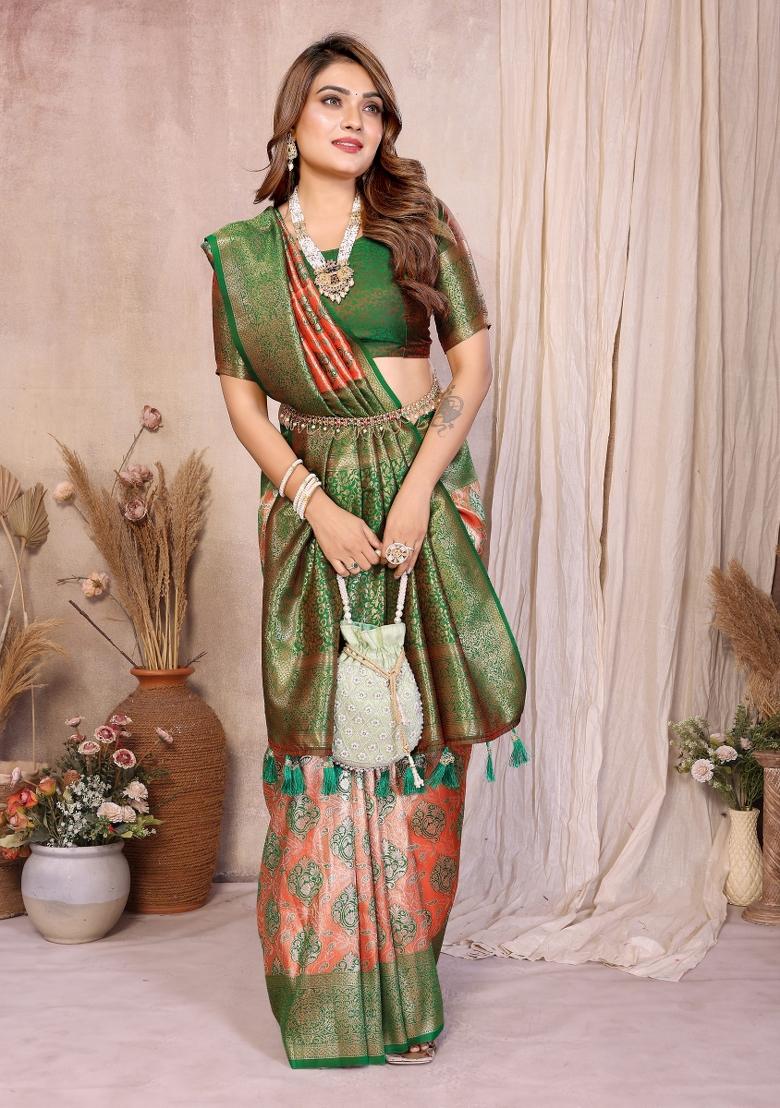 Green Woven Work Silk Saree - Indya