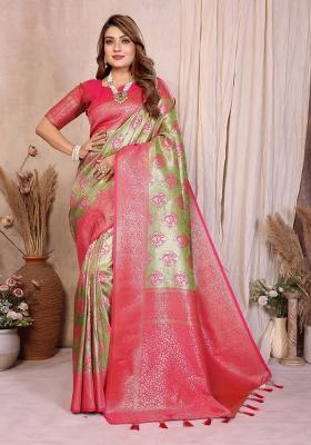 Pink And Green Woven Work Silk Saree