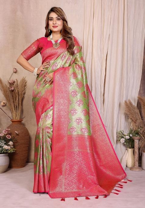 Pink And Green Woven Work Silk Saree