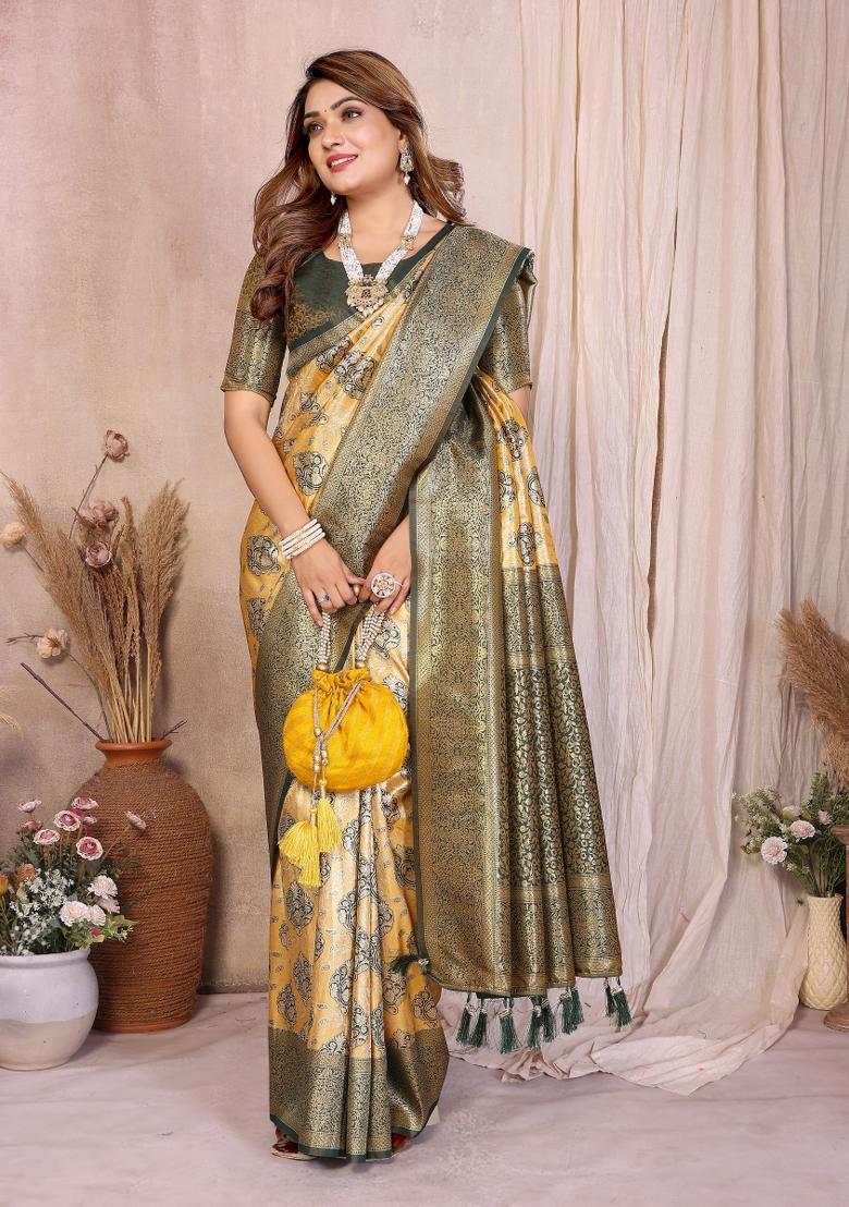 Green And Yellow Woven Work Silk Saree - Indya