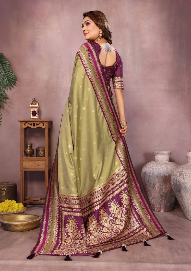 Mehendi Woven Work Silk Saree - Indya