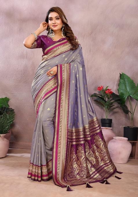 Grey Woven Work Silk Saree