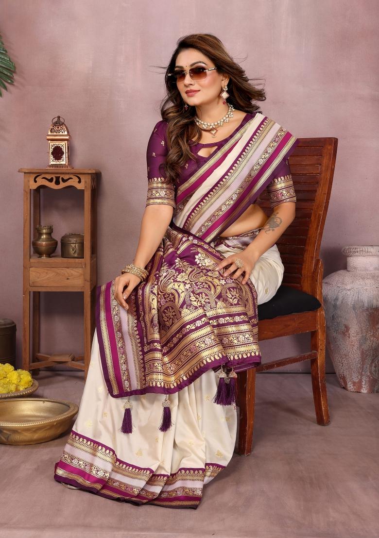 Cream Woven Work Silk Saree - Indya