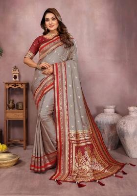 Grey And Red Woven Work Silk Saree