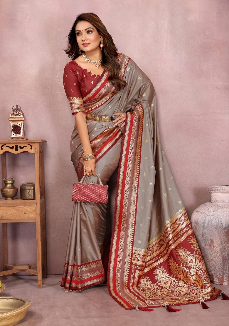 Grey And Red Woven Work Silk Saree - Indya