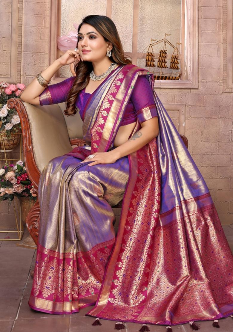 Purple Woven Work Silk Saree - Indya