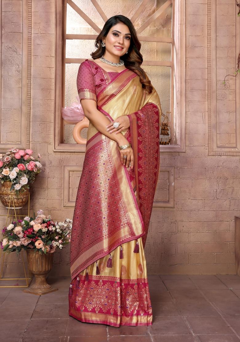 Pink And Yellow Woven Work Silk Saree - Indya