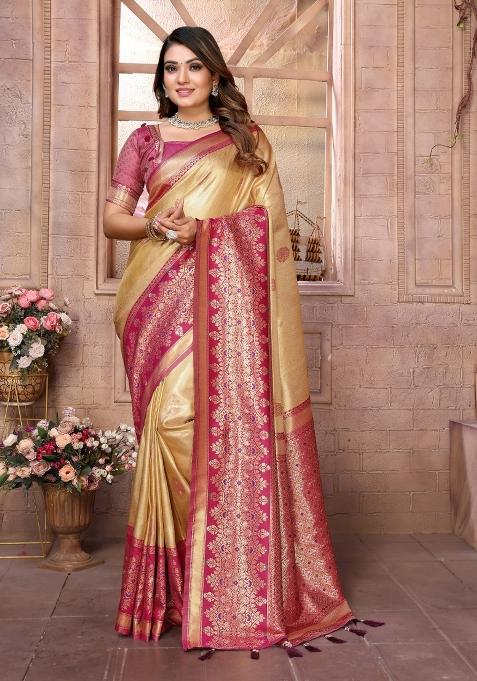 Pink And Yellow Woven Work Silk Saree