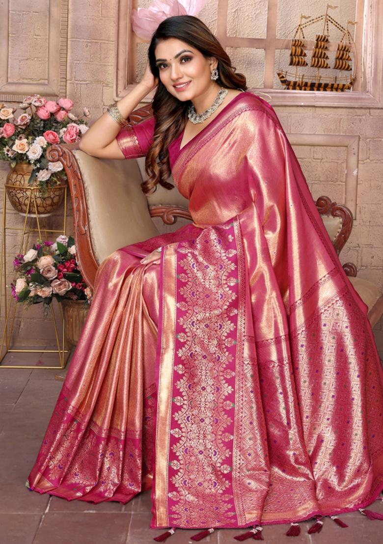 Pink Woven Work Silk Saree - Indya