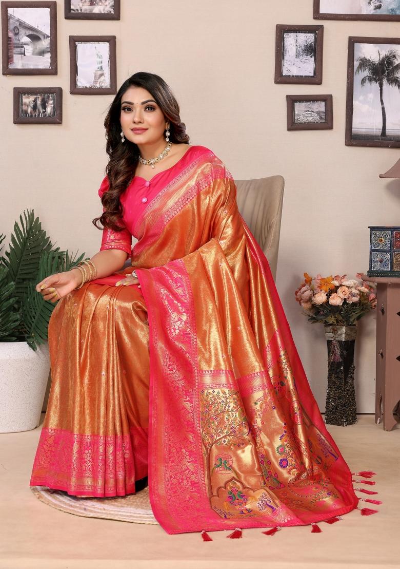 Orange And Pink Woven Work Silk Saree - Indya
