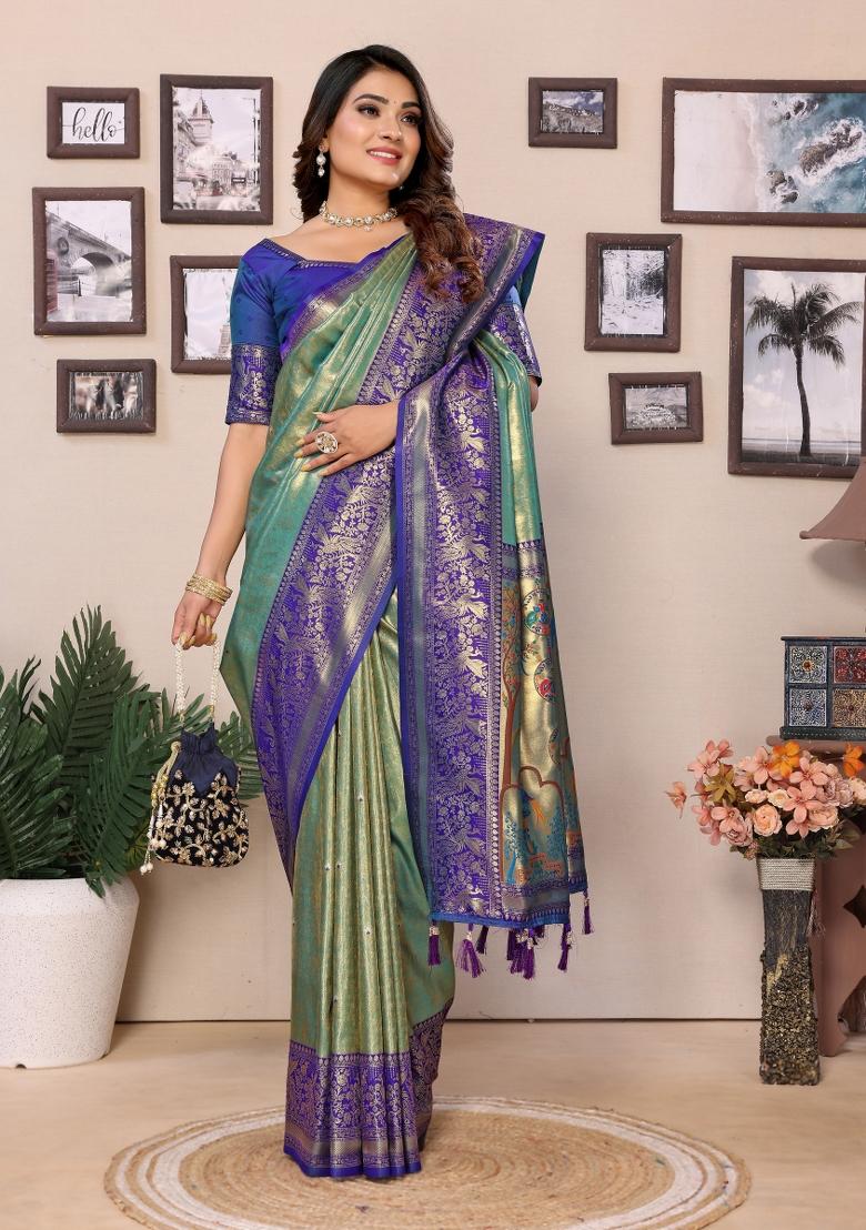 Parrot And Blue Woven Work Silk Saree - Indya