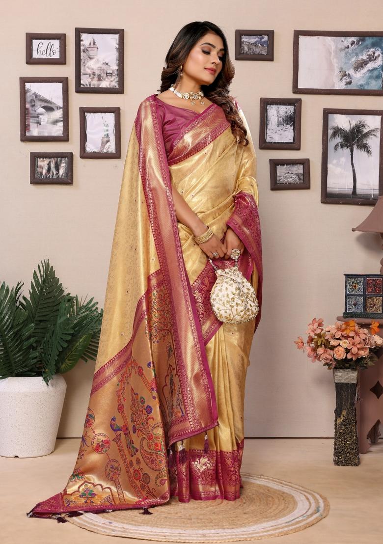 Purple And Yellow Woven Work Silk Saree - Indya
