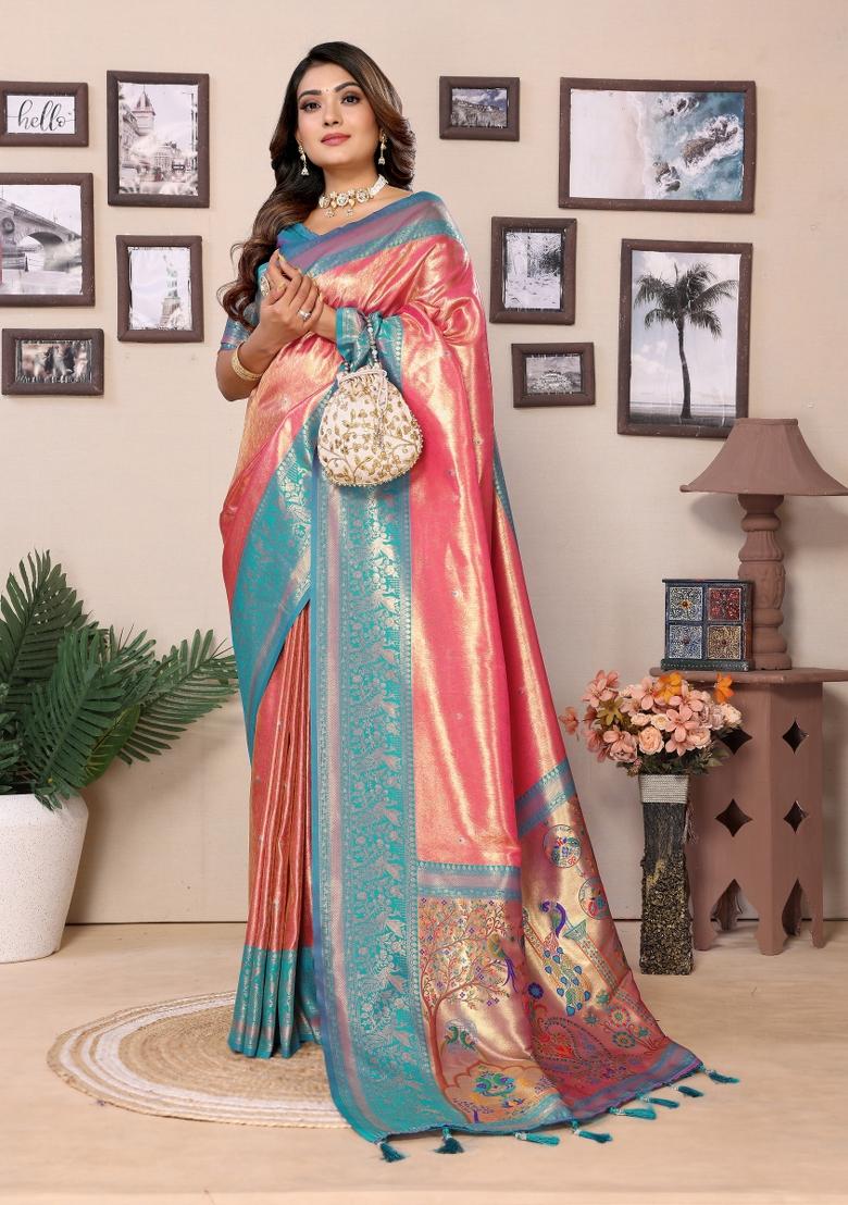 Peach And Sky Blue Woven Work Silk Saree - Indya