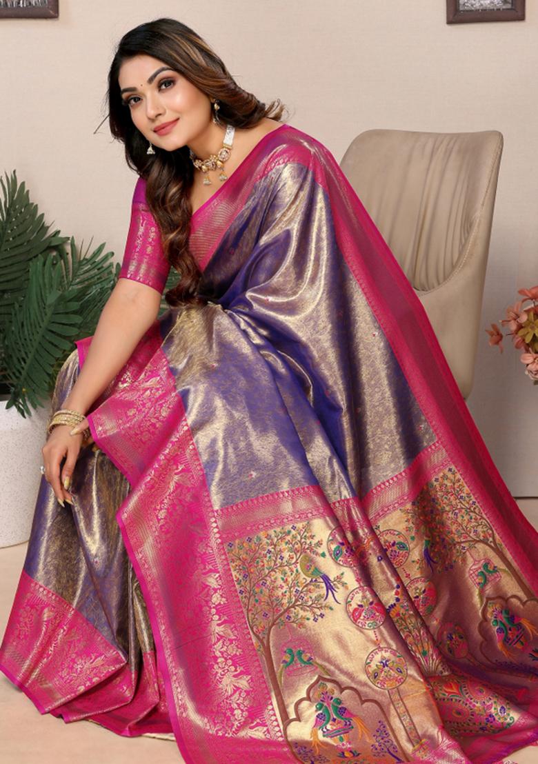 Purple Woven Work Silk Saree - Indya