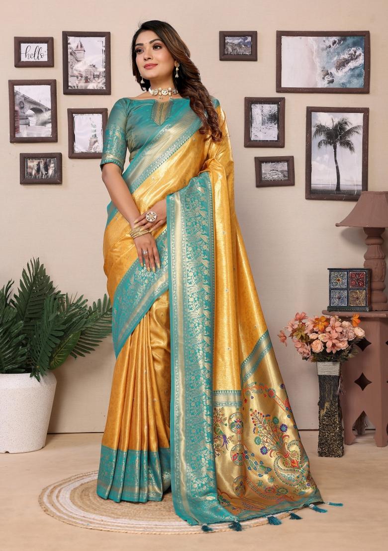 Yellow Woven Work Silk Saree - Indya
