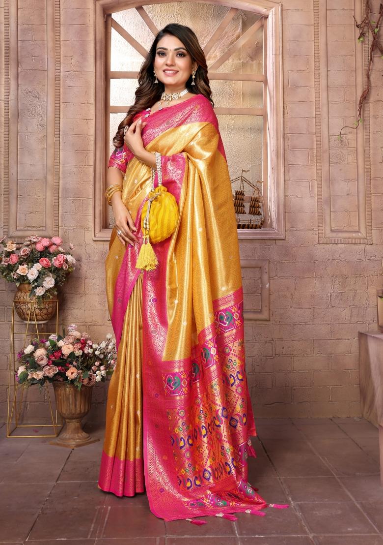 Pink And Yellow Woven Work Silk Saree - Indya