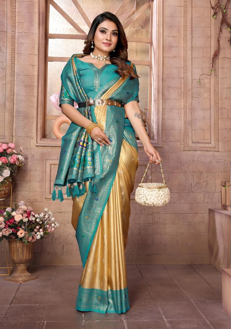 Yellow Woven Work Silk Saree - Indya