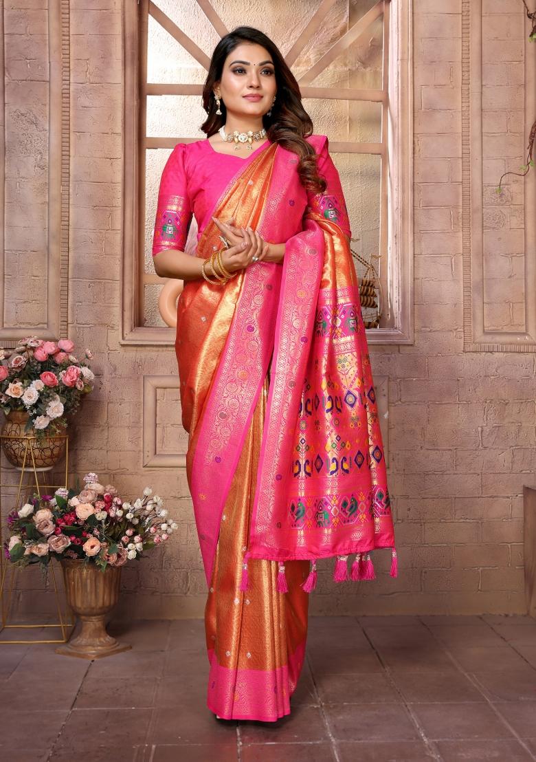 Orange And Pink Woven Work Silk Saree - Indya